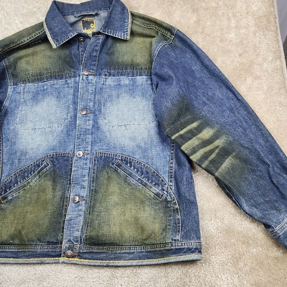 Akademiks Jean Jacket Mens Medium Blue Denim Button Up Long Sleeve Y2K Hiphop